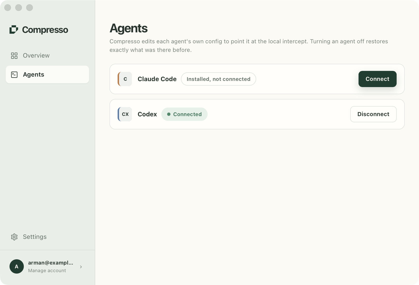 The Compresso agents screen: Claude Code listed as installed but not connected with a Connect button, and Codex listed as connected with a Disconnect button.